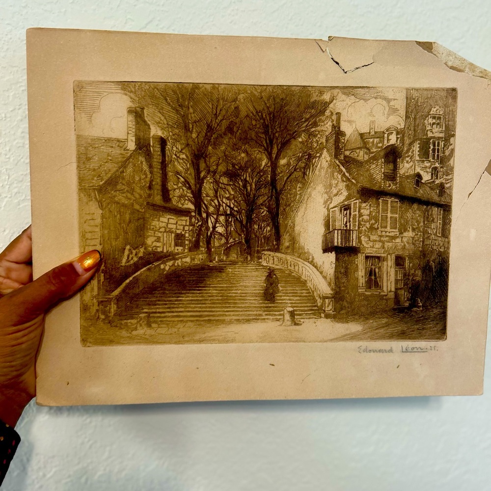 Signed Edouard Leon Etching-damaged corner matting